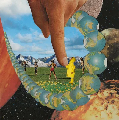 Surreal collage with a ring of globe spheres framing tiny figures on a meadow, giant hand pointing down, space backdrop