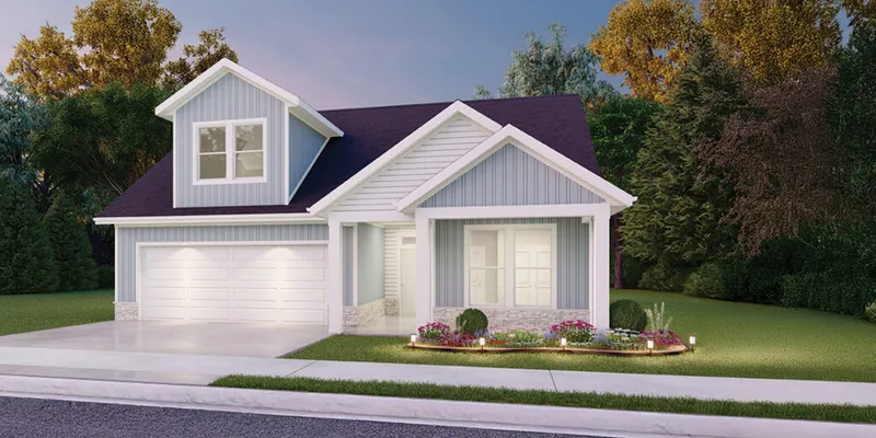Rendered two-story craftsman home with white siding, dark roof, two-car garage, and landscaped front yard at dusk
