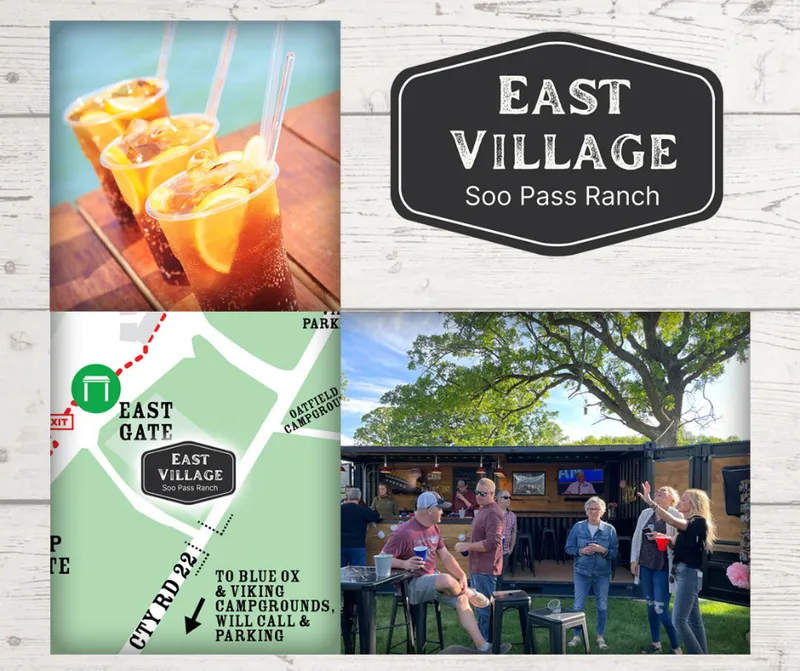 East Village at Soo Pass Ranch in text accompanied by photos of drinks, a map of the location, and bar setting