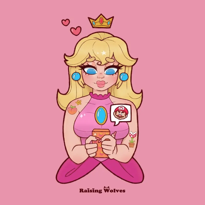 Cartoon illustration of a blonde princess with a gold crown holding a coffee cup, covered in video game tattoos