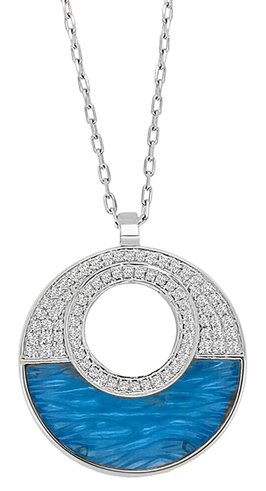 Silver circular pendant with blue enamel and pavé crystals on a chain