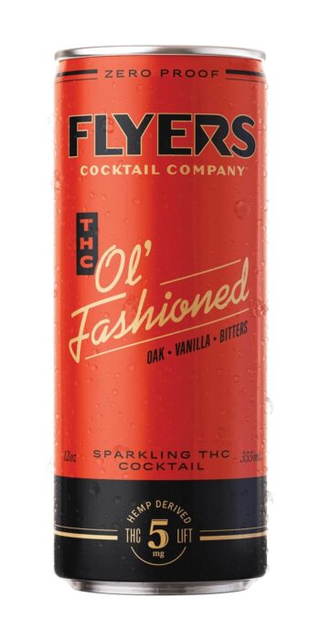 Red can of Flyers Cocktail Company THC Ol' Fashioned sparkling cocktail, zero proof