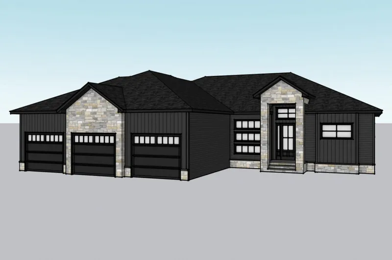 3D rendering of a single-story home with triple garage, dark siding, and stone accents