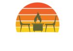 Two outdoor chairs and a fire pit silhouetted against a striped sunset logo