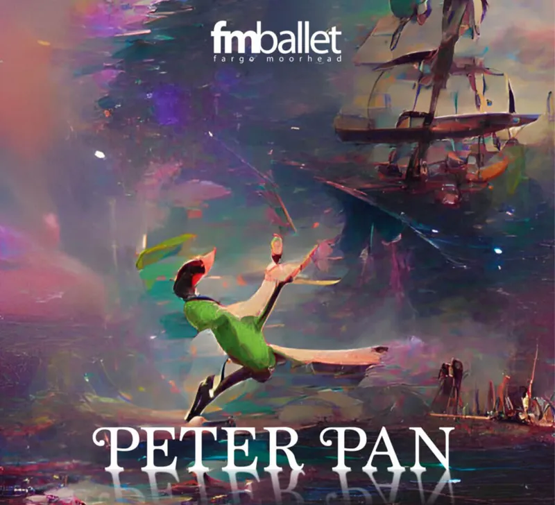FM Ballet's Peter Pan promotional art showing a flying figure in green near a tall ship