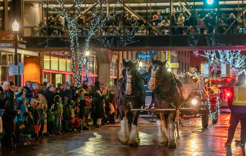 Two draft horses pulling a carriage through a festive night parade on a wet city street lined with crowds