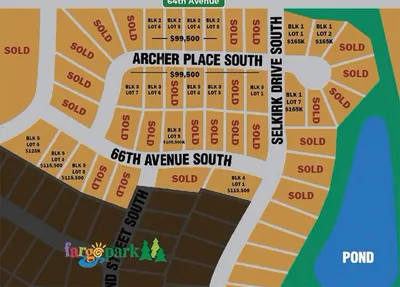 Subdivision plat map showing Archer Place South and 66th Avenue South lots with sold markers and prices near a pond