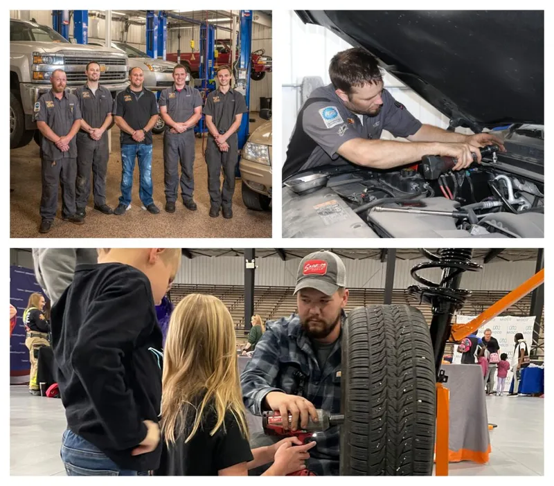 Auto shop staff in uniforms, a mechanic working under a hood, and a technician showing children a tire at a public event