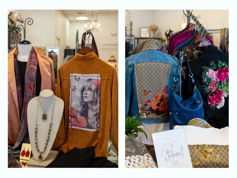Boutique display of embellished jackets, beaded necklaces, and floral handbags on mannequins and racks