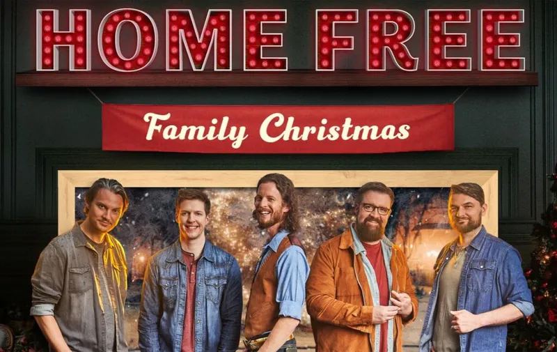 Home Free Family Christmas promotional image with five men posed under a marquee sign