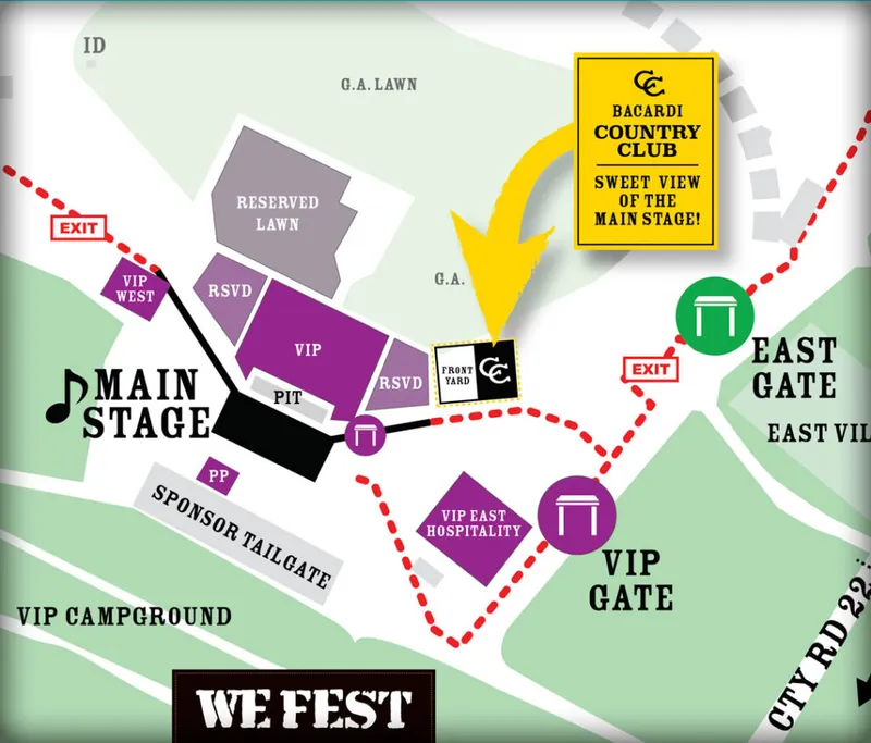 WE Fest venue map showing Main Stage, VIP, GA Lawn, and gate locations