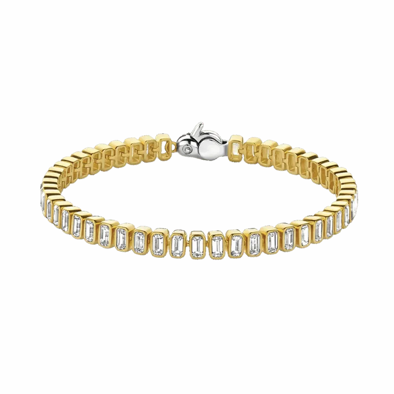 Yellow gold tennis bracelet with bezel-set emerald-cut clear stones and silver lobster clasp