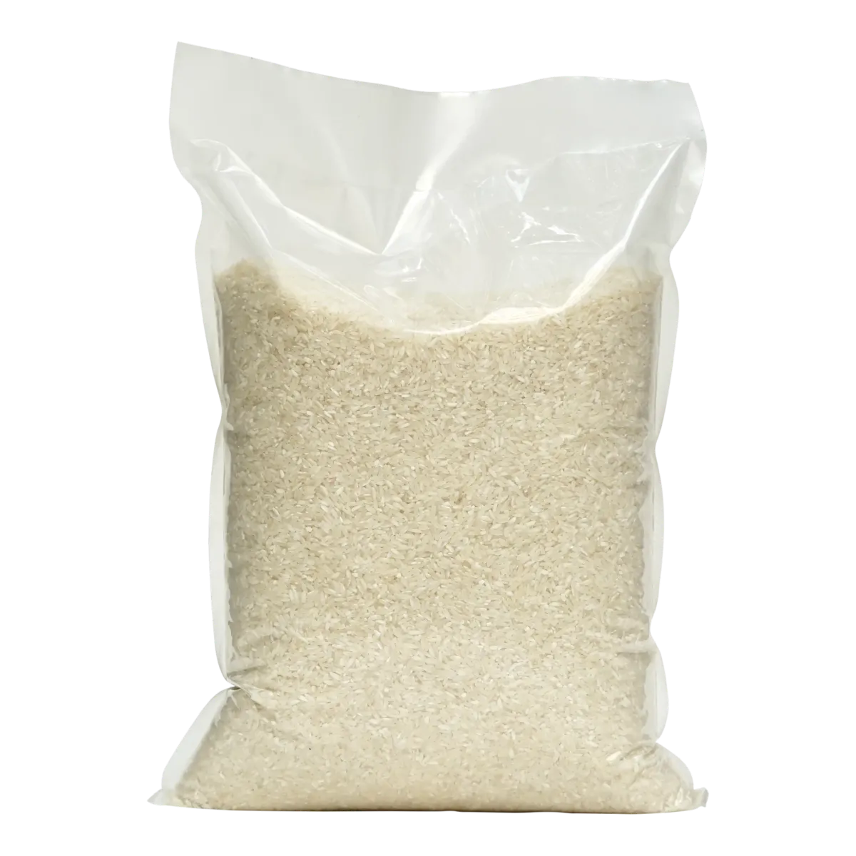 Large clear plastic bag filled with white long-grain rice