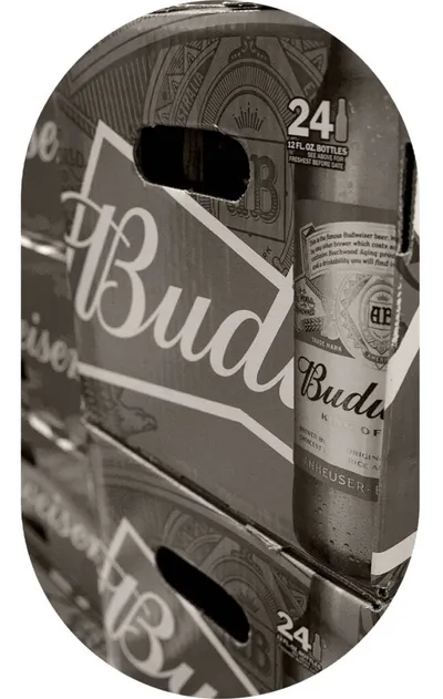Stacked Budweiser 24-pack cardboard cases with a bottle in black and white