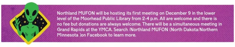 Northland MUFON event flyer with cartoon green alien on purple background