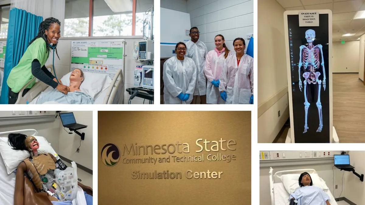Collage of Minnesota State Community and Technical College Simulation Center showing students in lab coats, medical