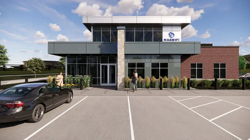 Architectural rendering of a two-story Magnifi Financial branch with brick and glass exterior and a parking lot
