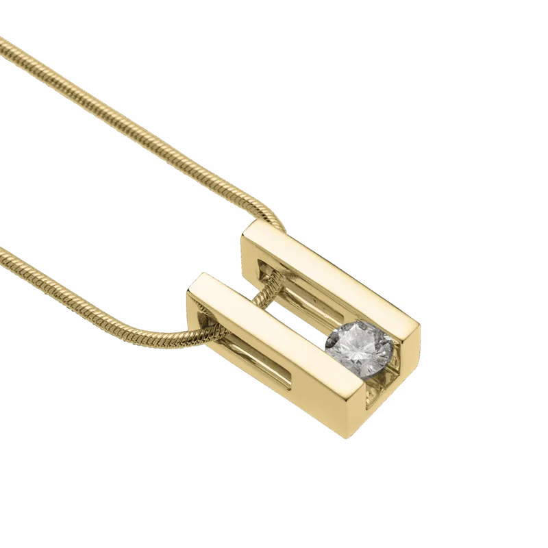 Gold rectangular pendant with a tension-set round clear gemstone on a snake chain