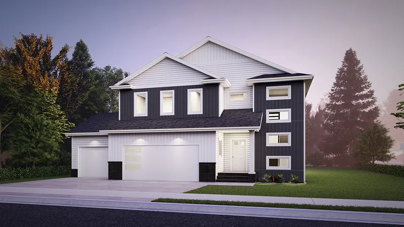 Two-story suburban home with dark board-and-batten siding, white trim, and a double garage at dusk