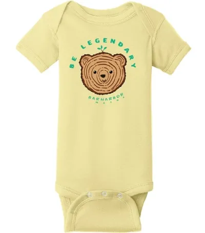 Yellow infant onesie with a bear face graphic and 'Be Legendary Bar Harbor Maine' text