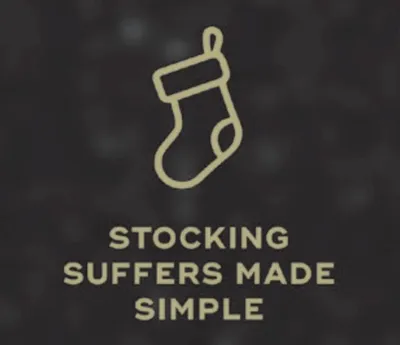 Gold Christmas stocking icon with text Stocking Suffers Made Simple on dark background