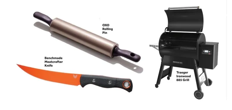 OXO rolling pin, Benchmade orange-handled knife, and Traeger Ironwood 885 pellet grill