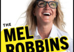 Laughing woman with glasses on a podcast cover titled The Mel Robbins