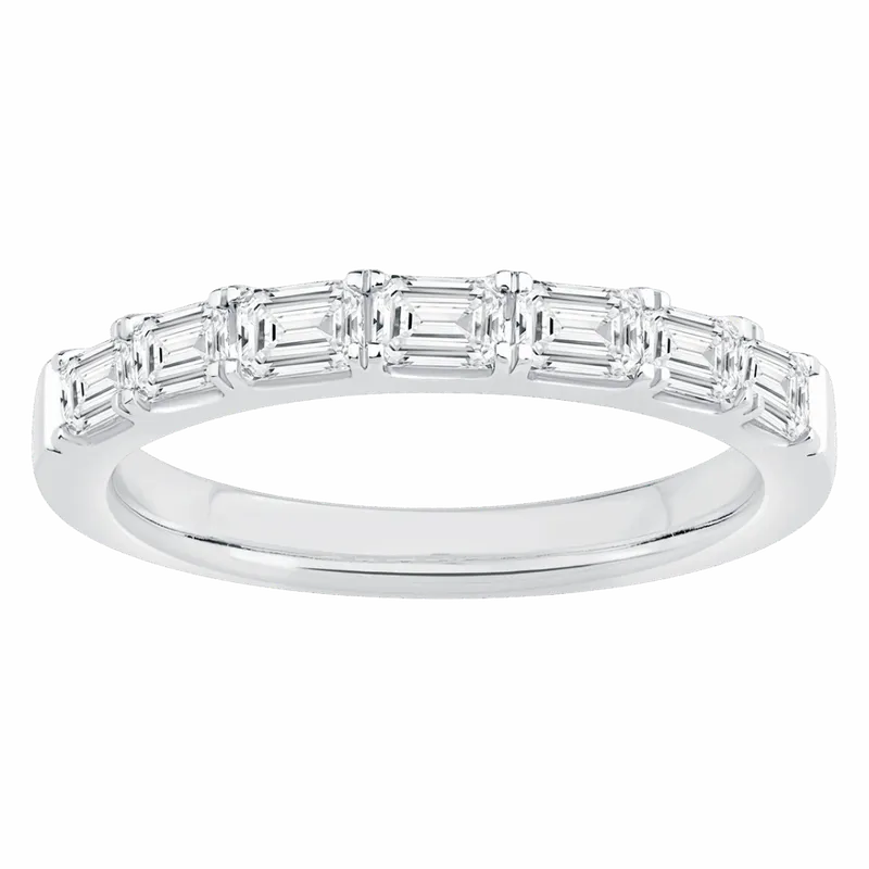 Silver band ring with a row of baguette-cut clear stones across the top