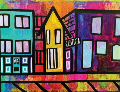 Colorful folk-art painting of bold outlined row houses with the word Rustica visible