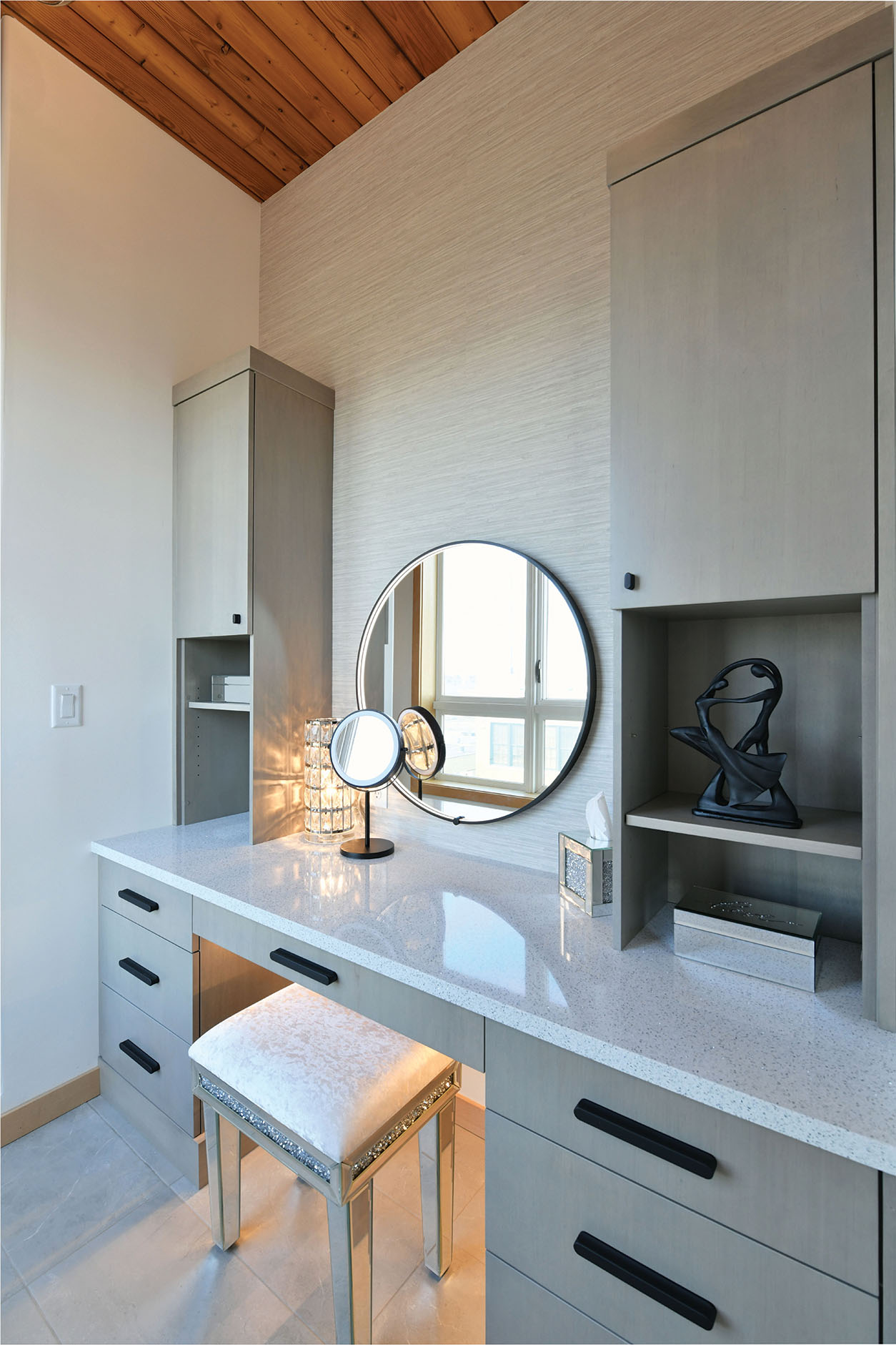 Custom makeup vanity with round mirror
