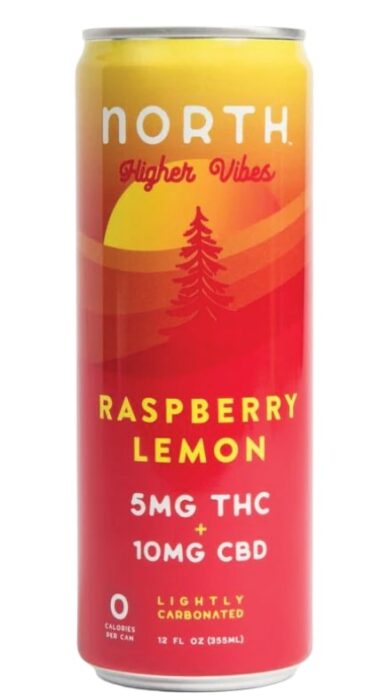 North Higher Vibes Raspberry Lemon can with 5mg THC and 10mg CBD, 12 fl oz