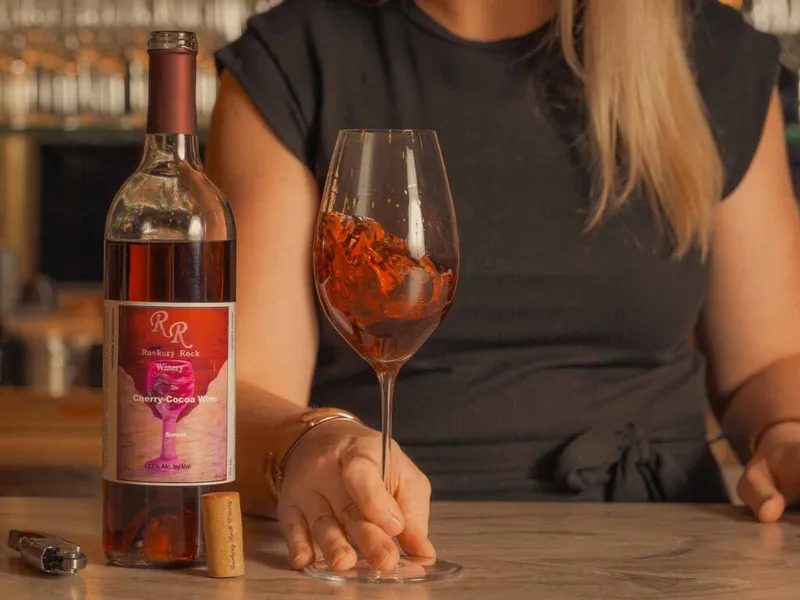 Woman holding a wine glass beside a Rookery Rock Cherry-Cocoa Wine bottle on a bar counter