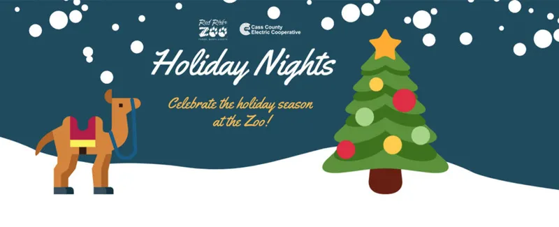 Holiday Nights zoo event banner with illustrated camel, decorated Christmas tree, and falling snow