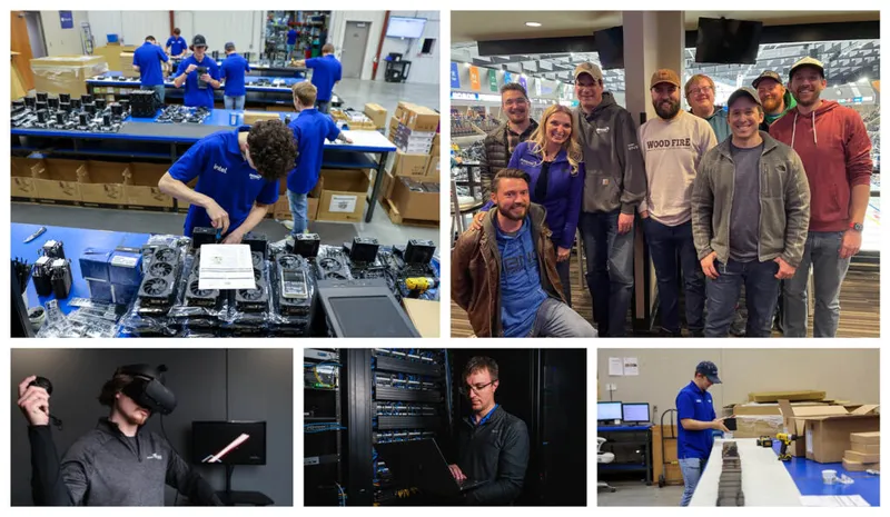 Collage of workers assembling computers, posing as a group, using VR, and managing server racks