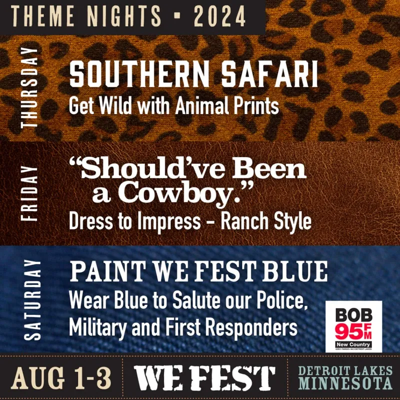 We Fest 2024 theme nights flyer: Southern Safari, Cowboy, and Paint It Blue