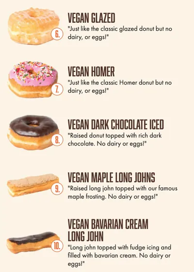 Menu listing five vegan donut options numbered 6–10, each with a photo and brief description