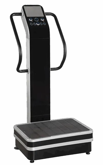 Black and silver whole-body vibration platform machine with handlebar and control panel