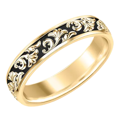 Gold band ring with black enamel and ornate scrollwork pattern
