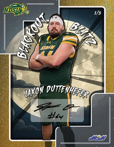 NDSU Blackout Blitz trading card featuring player Jaxon Duttenhefer #64 with signature