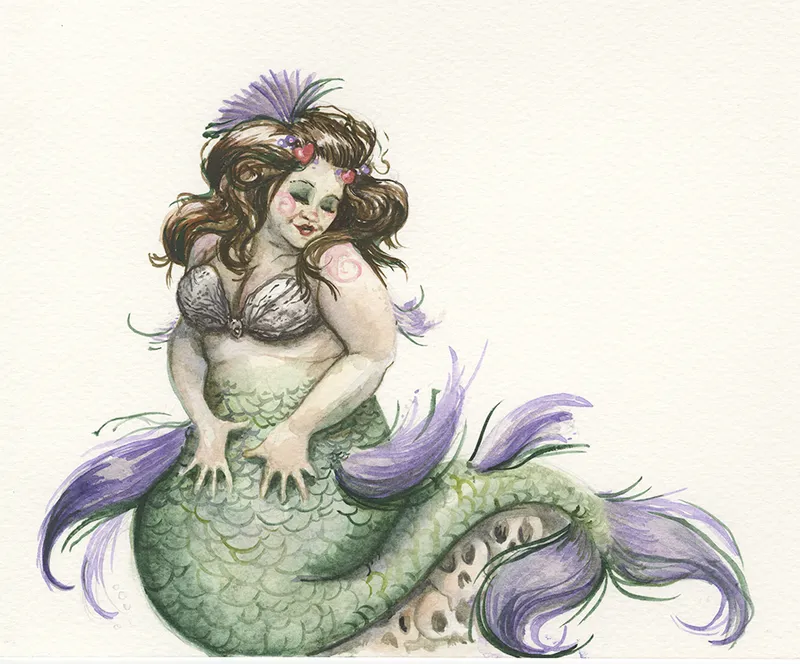 Watercolor illustration of a curvy mermaid with green scales, purple fins, and floral hair adornments