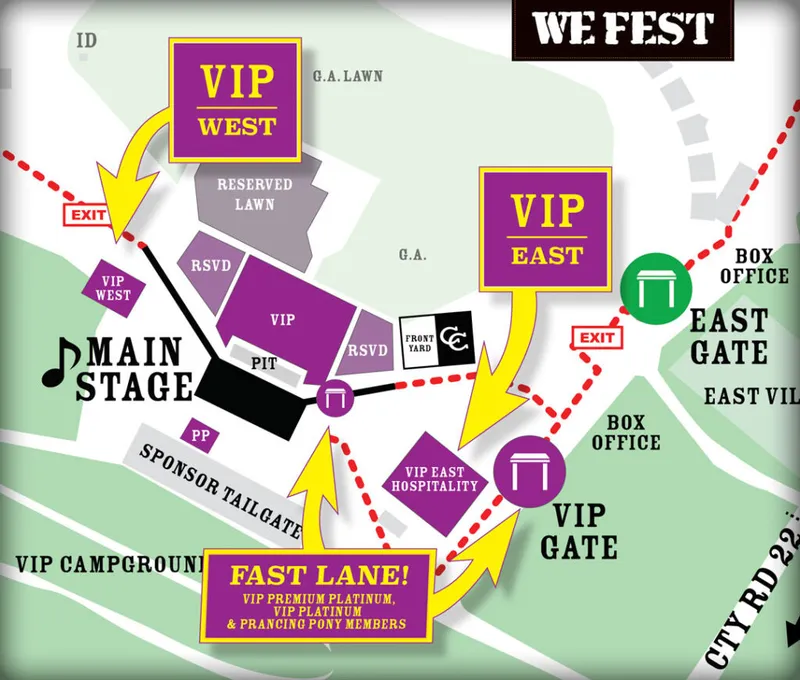 We Fest venue map showing VIP West, VIP East, Main Stage, gates, and Fast Lane entry routes