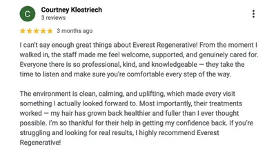 Five-star Google review from Courtney Klostriech praising a regenerative clinic