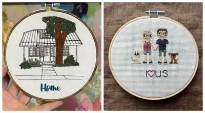 Two embroidery hoops: a house labeled 'Home' and cross-stitch figures with 'loves us