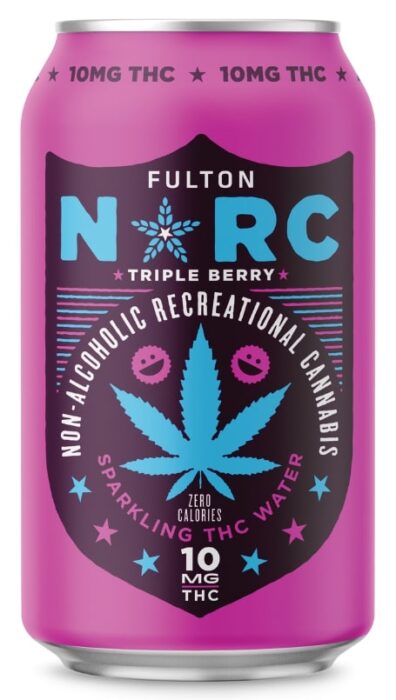 Pink can of Fulton NARC Triple Berry sparkling THC water, 10mg THC