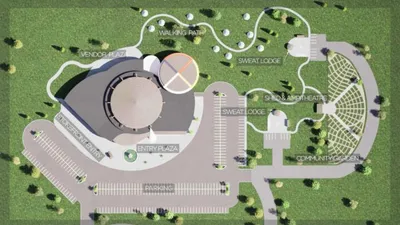 Aerial architectural rendering of a cultural center campus with amphitheater, sweat lodge, and walking paths