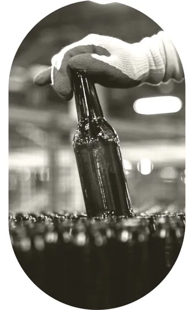 Gloved hand lifting a dark glass bottle from a row of bottles on a production line