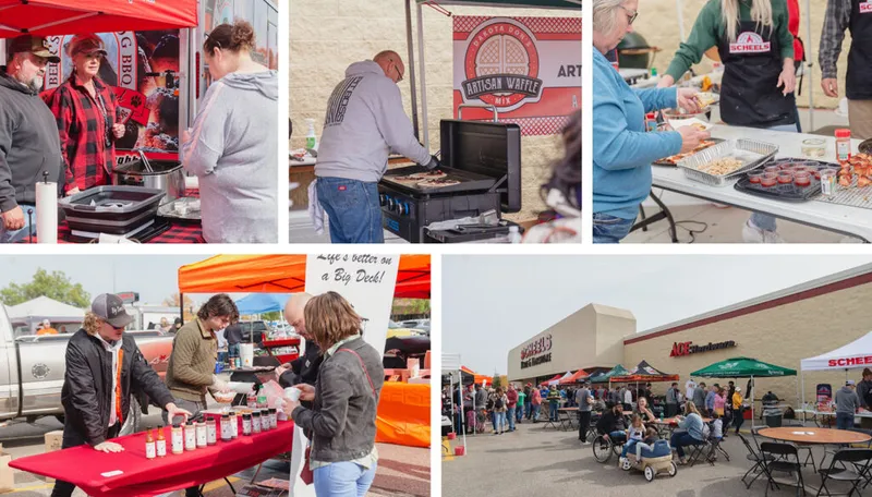 Outdoor BBQ event with vendor booths, grilling demos, and crowds in a retail parking lot