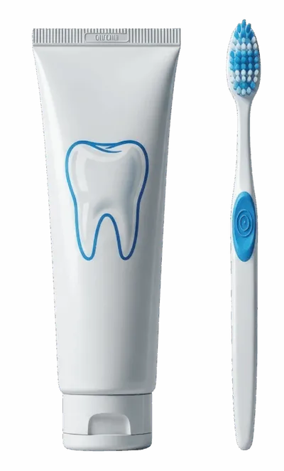 White toothpaste tube with blue tooth graphic beside a blue-and-white toothbrush
