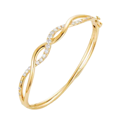 Gold bangle bracelet with twisted design and round white stone accents