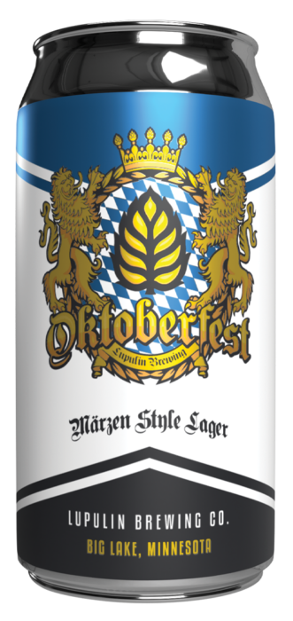 Lupulin Brewing Co. Oktoberfest Märzen Style Lager can with blue, white, and gold lion crest design